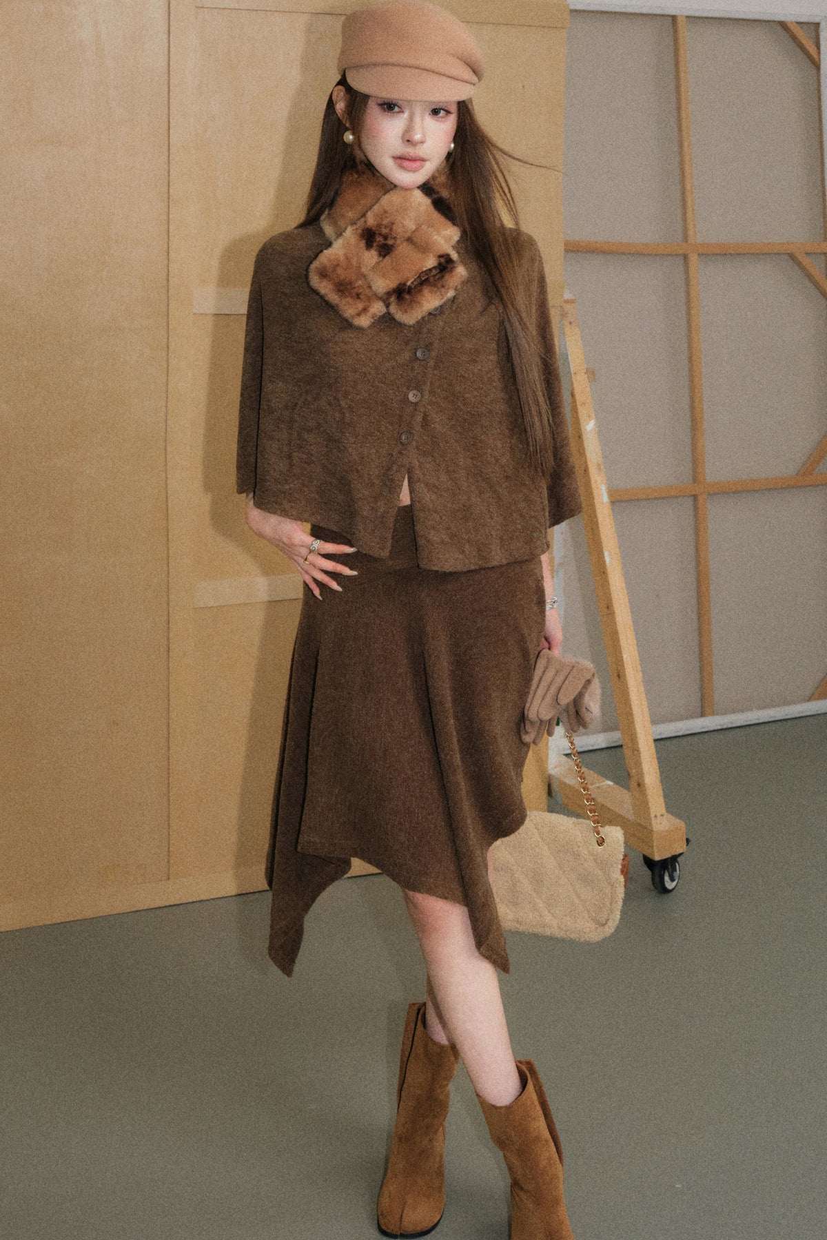 Mocha Brown Velvet-Like Top and Skirt Set