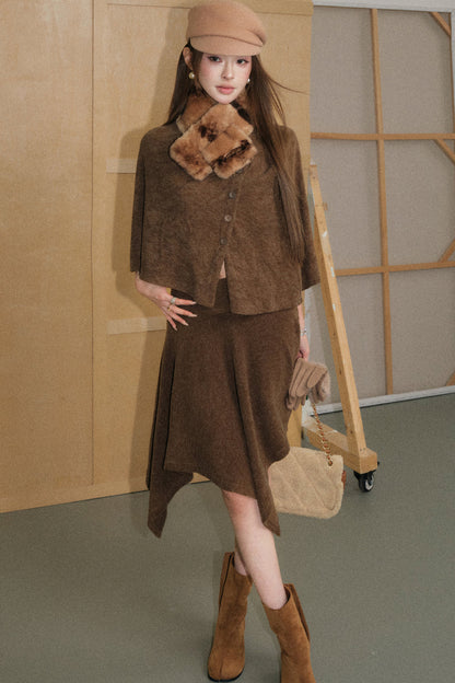 Mocha Brown Velvet-Like Top and Skirt Set