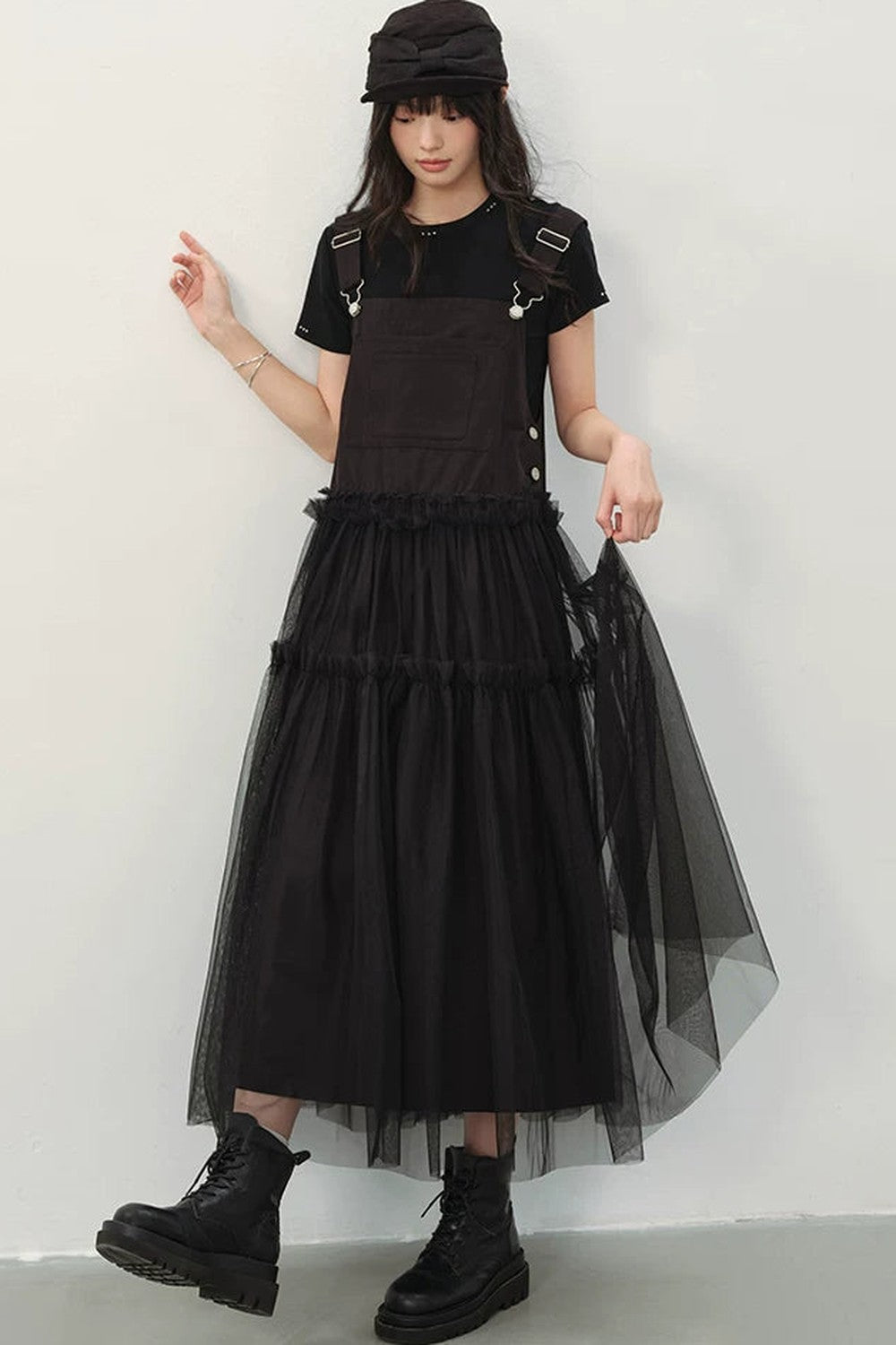 Black Denim Mesh A-Line Dress