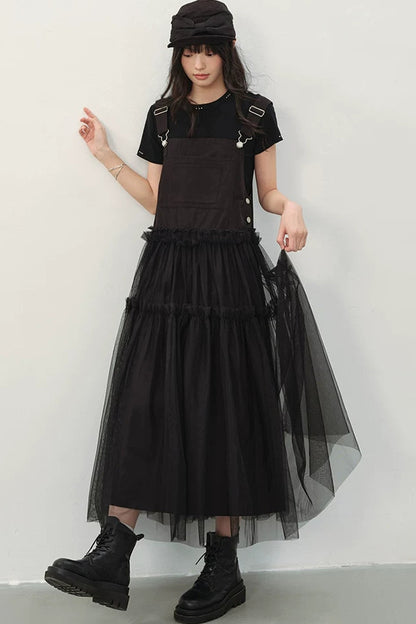 Black Denim Mesh A-Line Dress