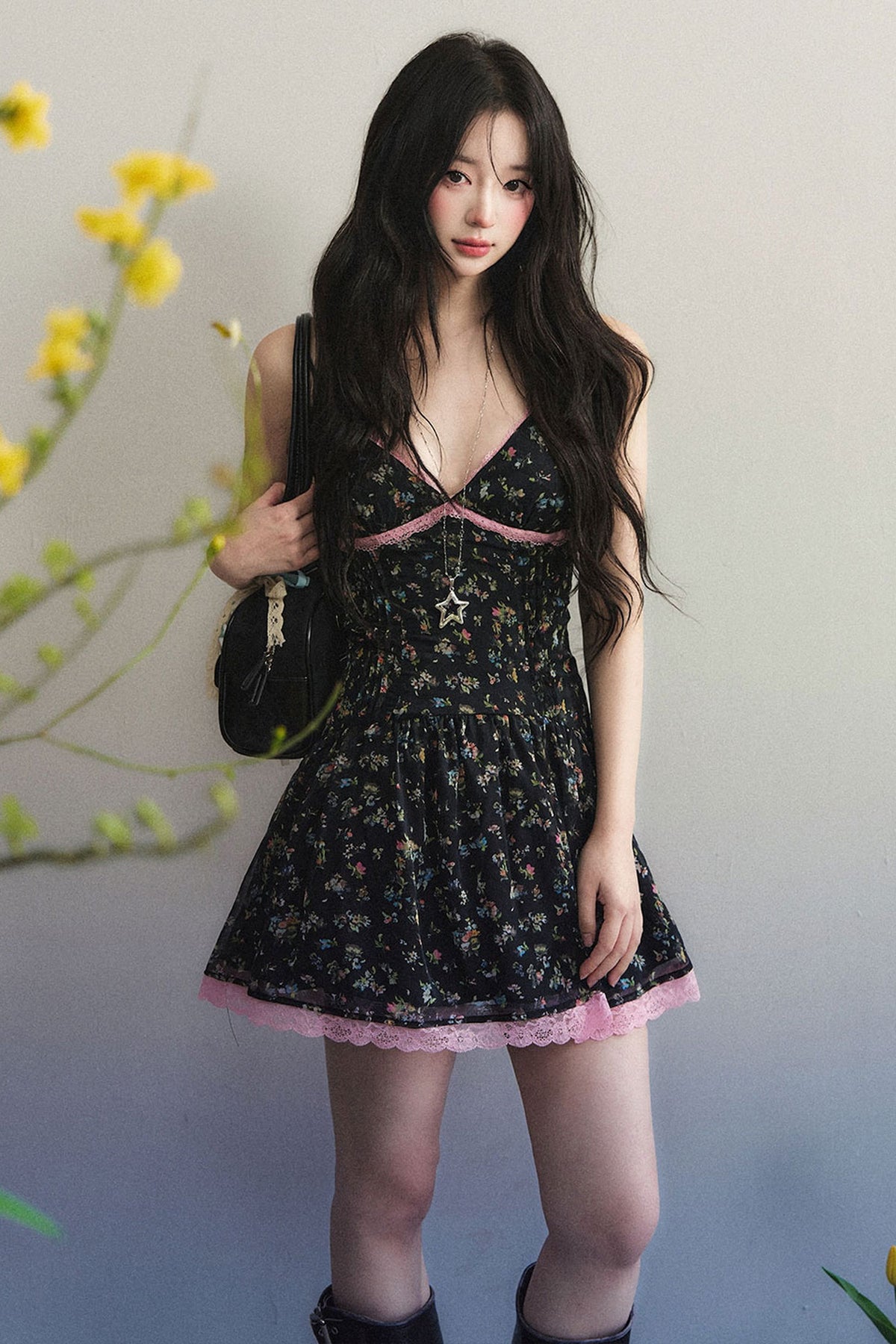 Black Floral Sleeveless Suspender Dress