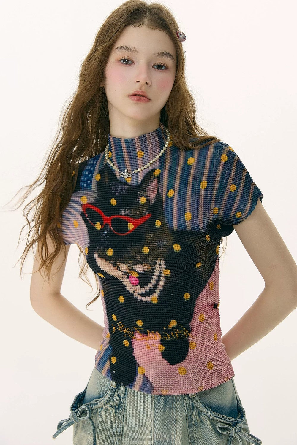 Pleated Cat Print Blouse