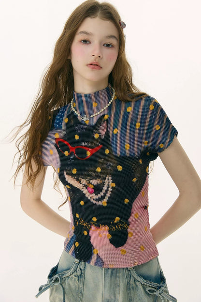 Pleated Cat Print Blouse
