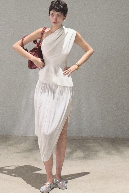 Irregular High-Waisted White Slit Skirt