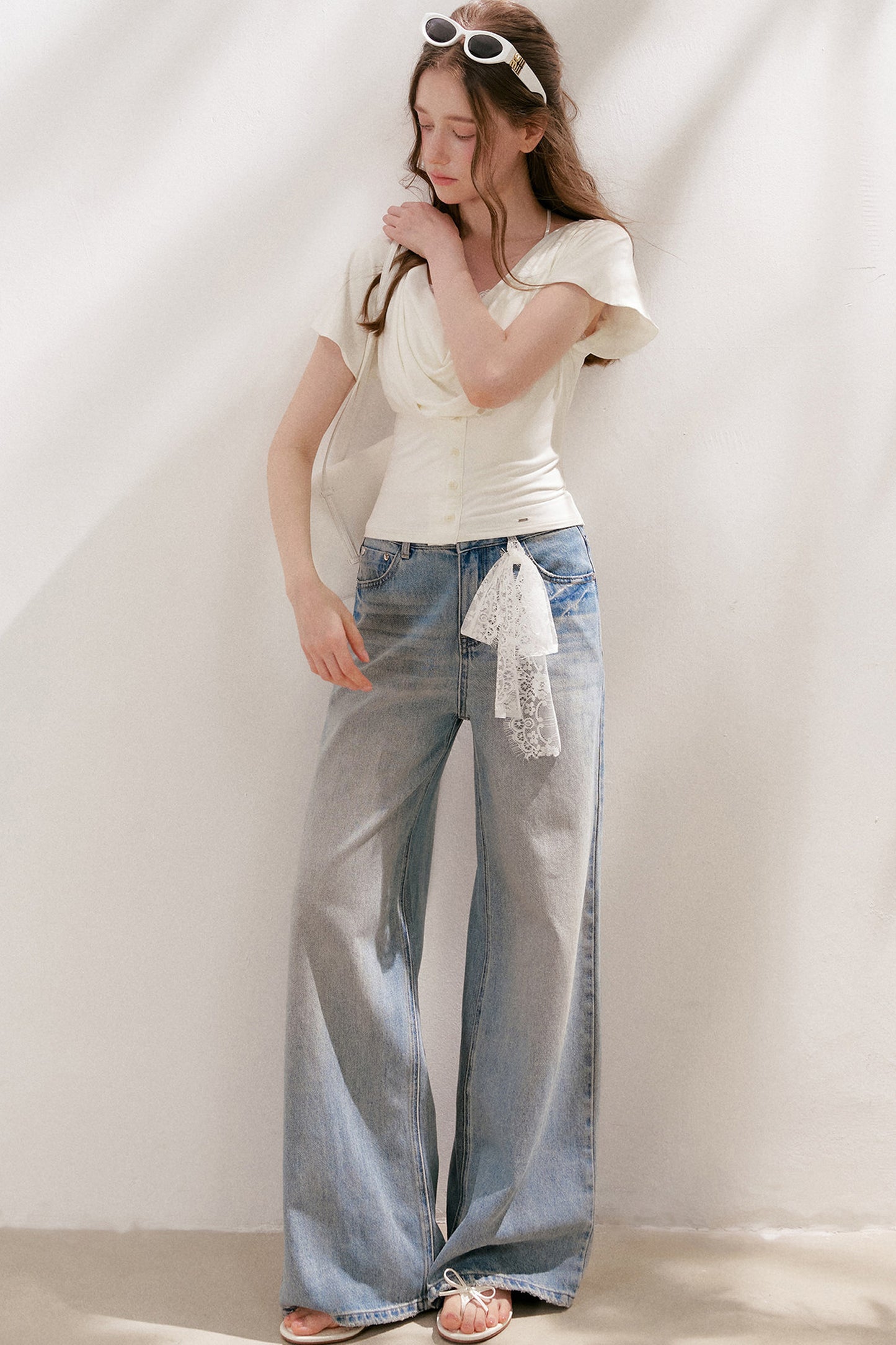 Lace Tie-Up Wide-Leg Jeans