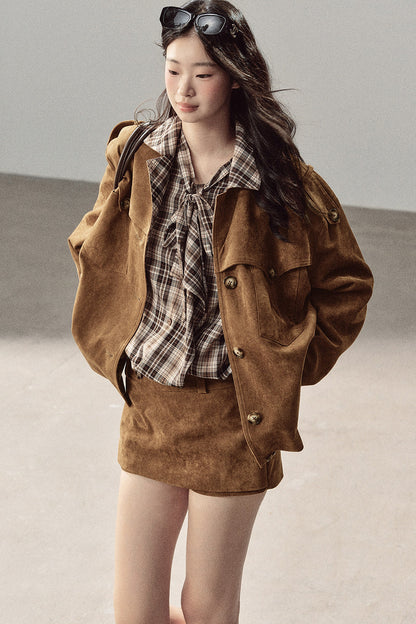 Faux Suede Jacket and Skirt Set-Up