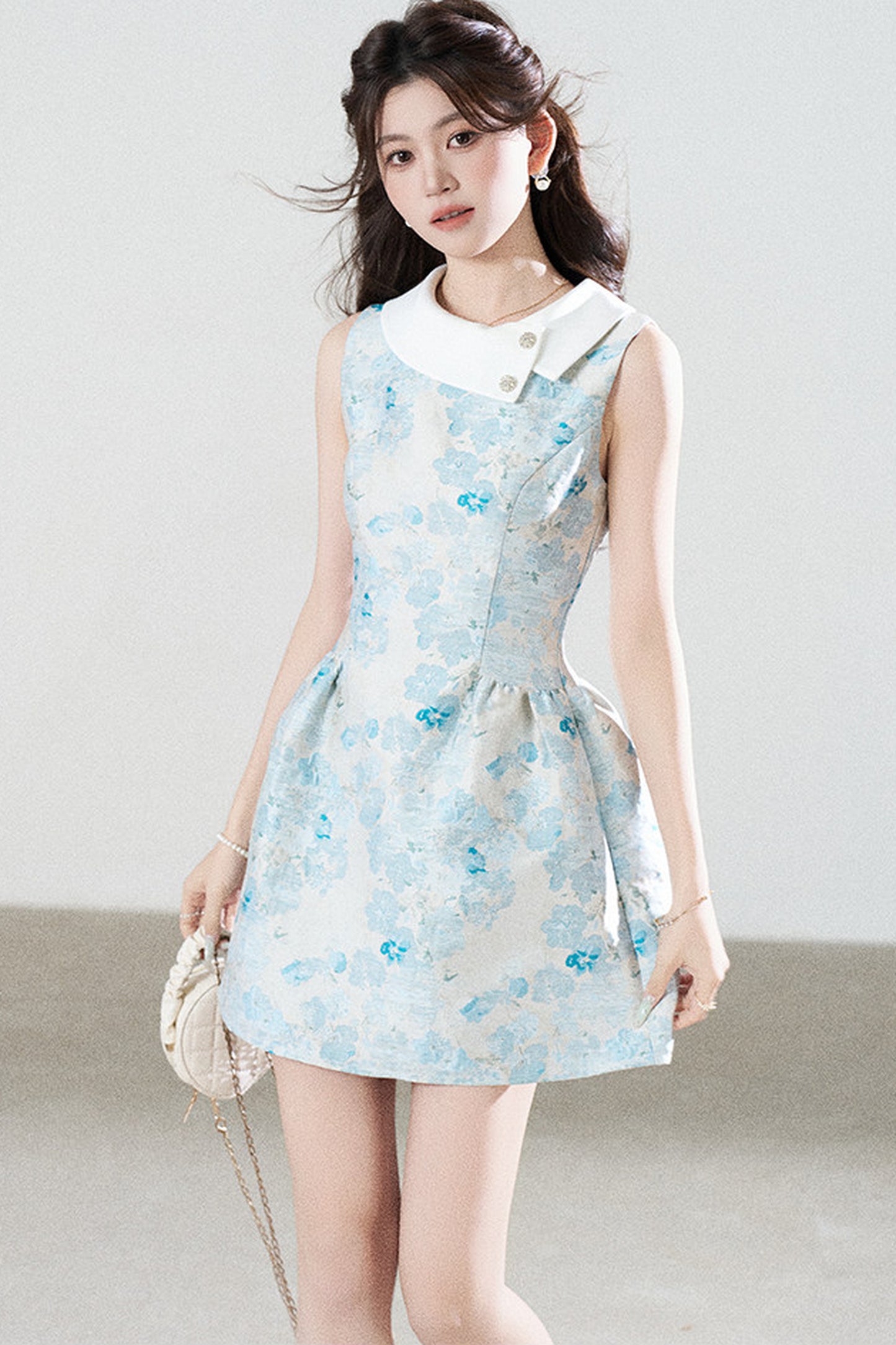 Blue Floral Jacquard Sleeveless Dress
