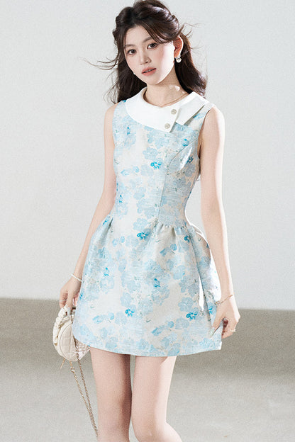 Blue Floral Jacquard Sleeveless Dress