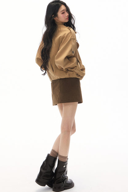 Khaki Double-Breasted Trench Coat and Skirt Set-Up