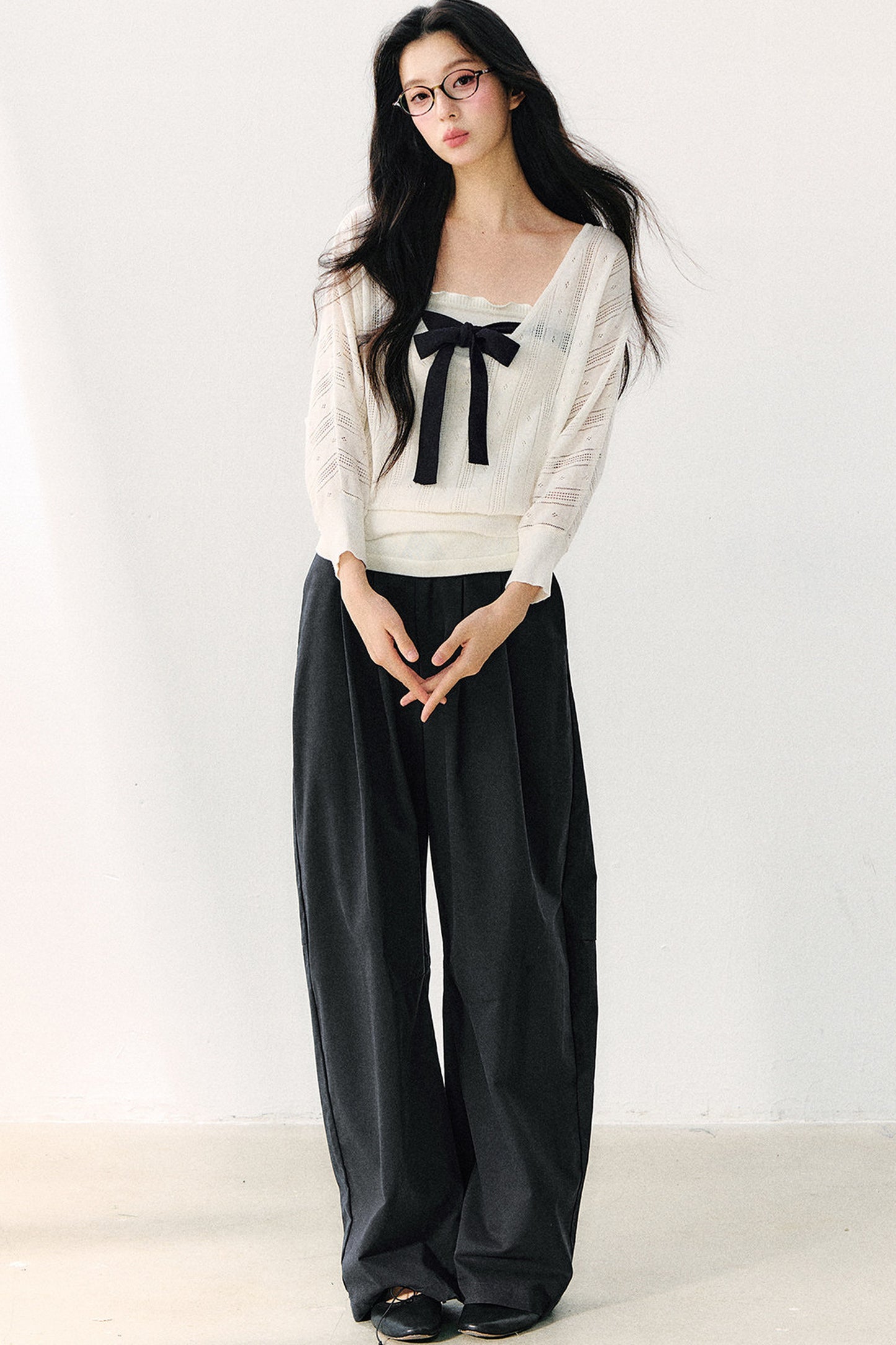 Bowknot Hollow-Out Knit Cardigan And Inner Top Set
