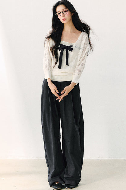 Bowknot Hollow-Out Knit Cardigan And Inner Top Set