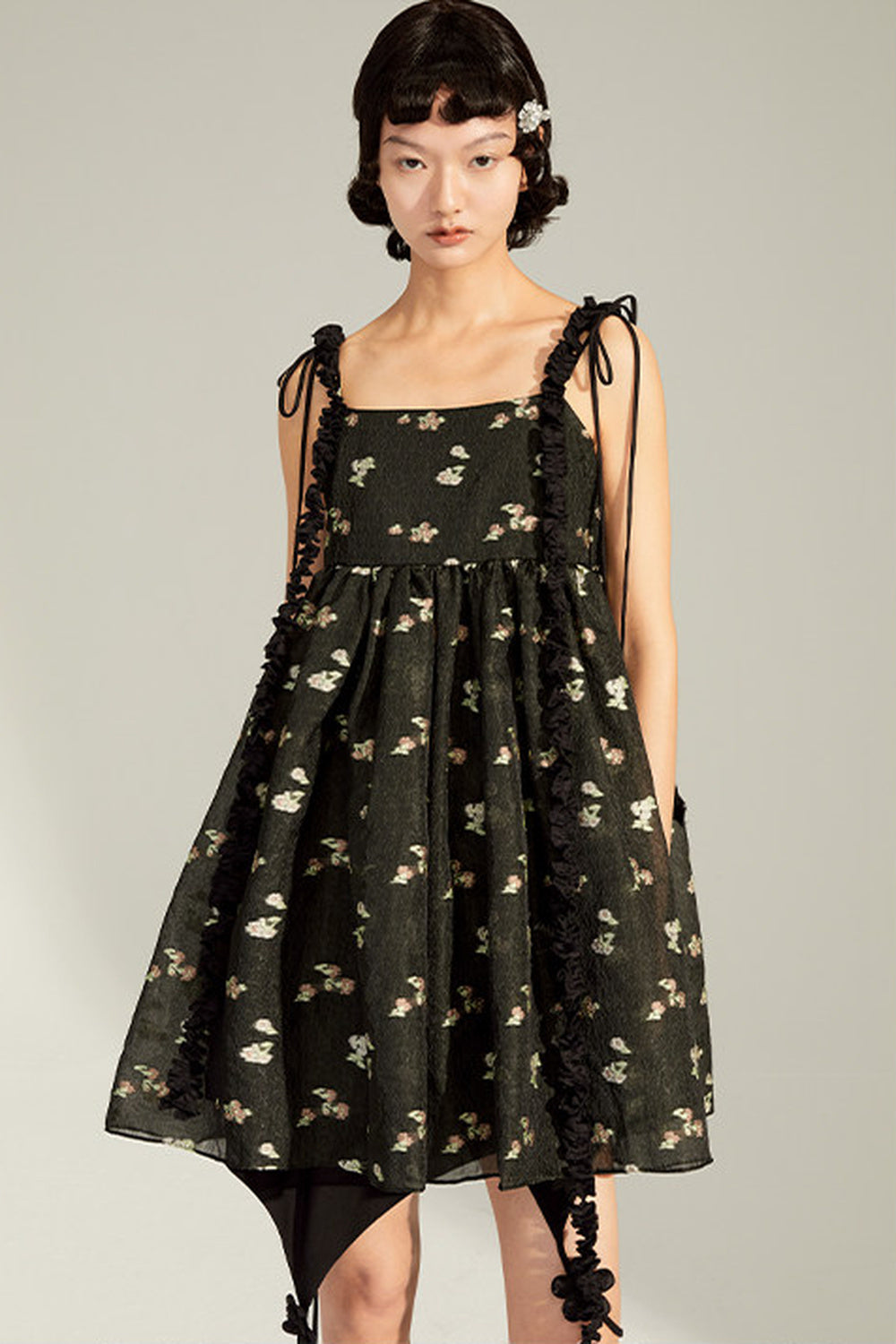 Floral Jacquard Ruffle Strap Dress