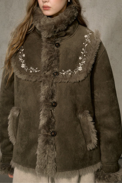Embroidered Fur Collar Shearling Jacket