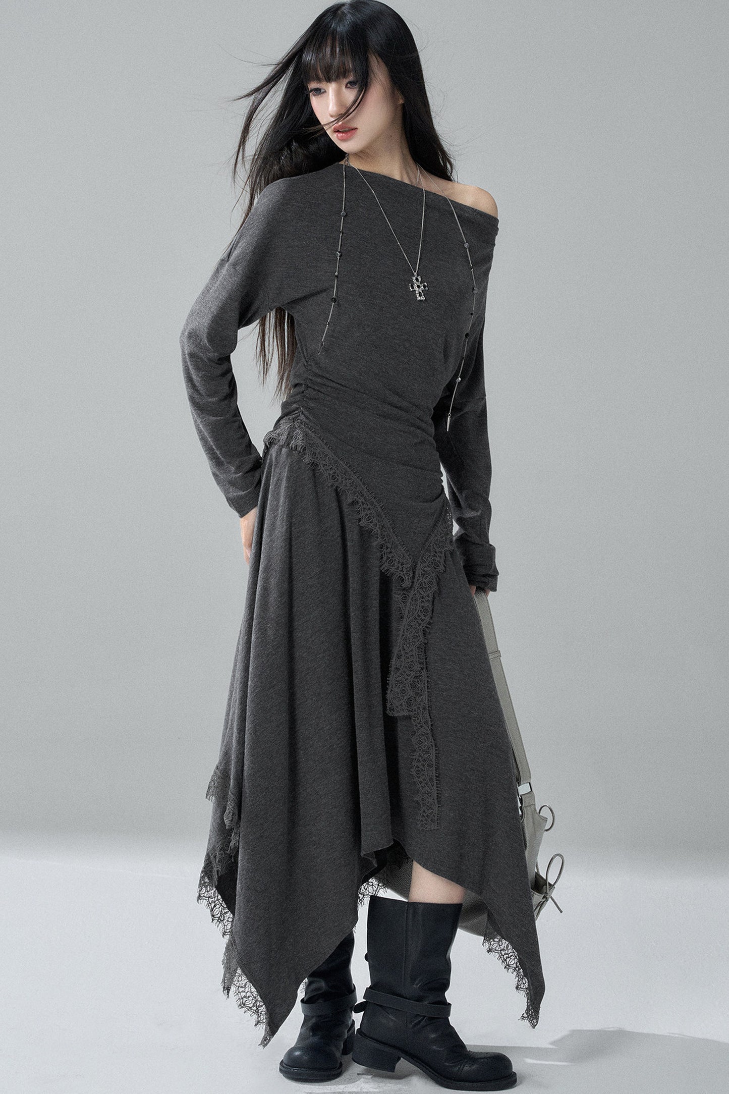 Gray Off-Shoulder Top and Irregular Hem Skirt Set-Up