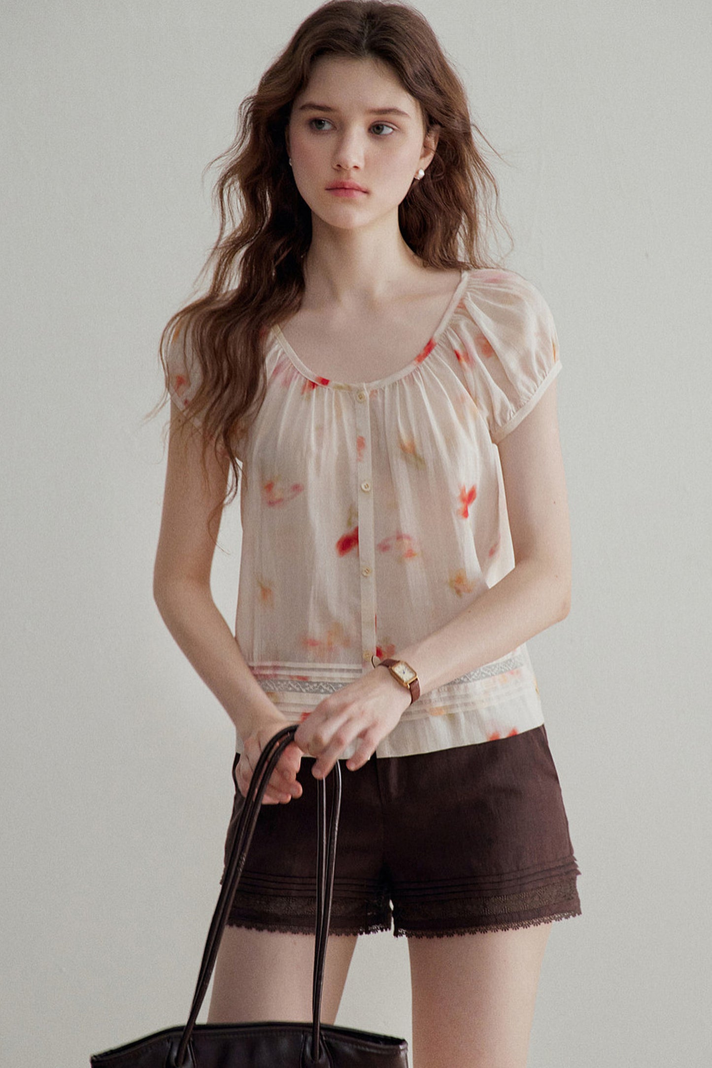 Floral Lyocell Short-Sleeve Blouse