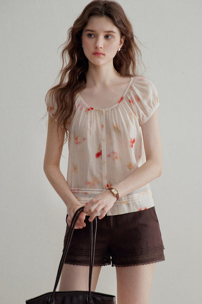 Floral Lyocell Short-Sleeve Blouse