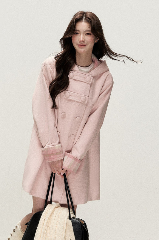 Cream Pink Plaid Double-Breasted Hooded Coat