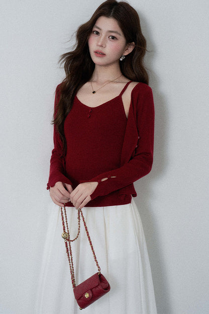 Red Layered-Look Knit Top