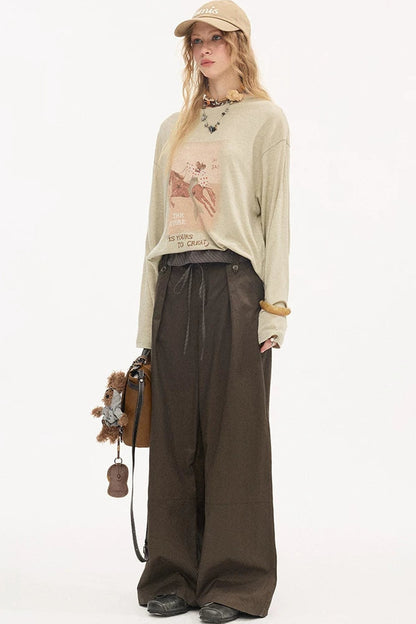 Pantalon droit à rayures et empiècements