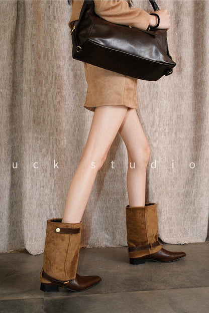 Chunky Heel Suede Belt Buckle Riding Boots