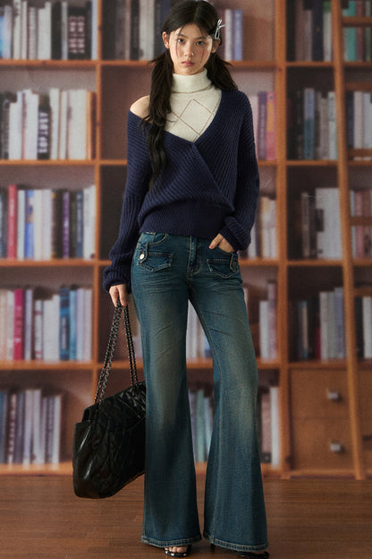 Off-Shoulder V-Neck Knit Sweater Set-Up