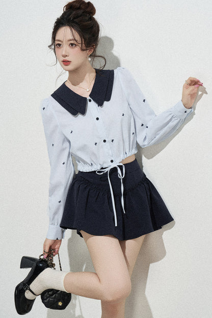 Doll Collar Drawstring Long-Sleeve Shirt and Skirt Set-Up