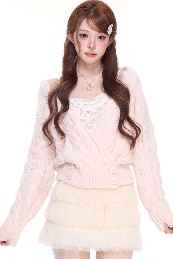 Lily's Diary: Chaqueta de punto trenzado con forro cepillado, camisola de encaje y falda de lana de malla
