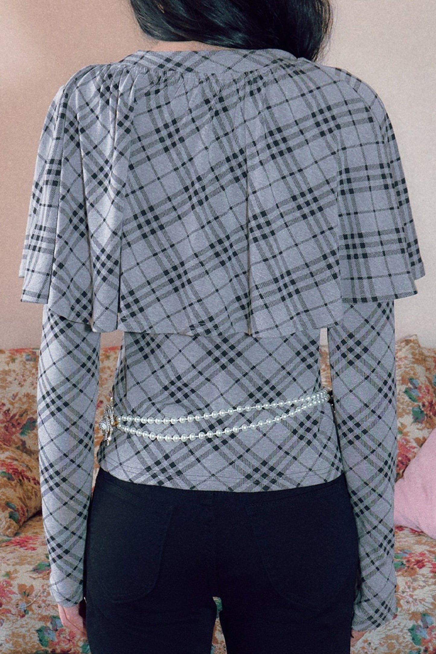 Floral Plaid Cape Top and Pants Set-Up