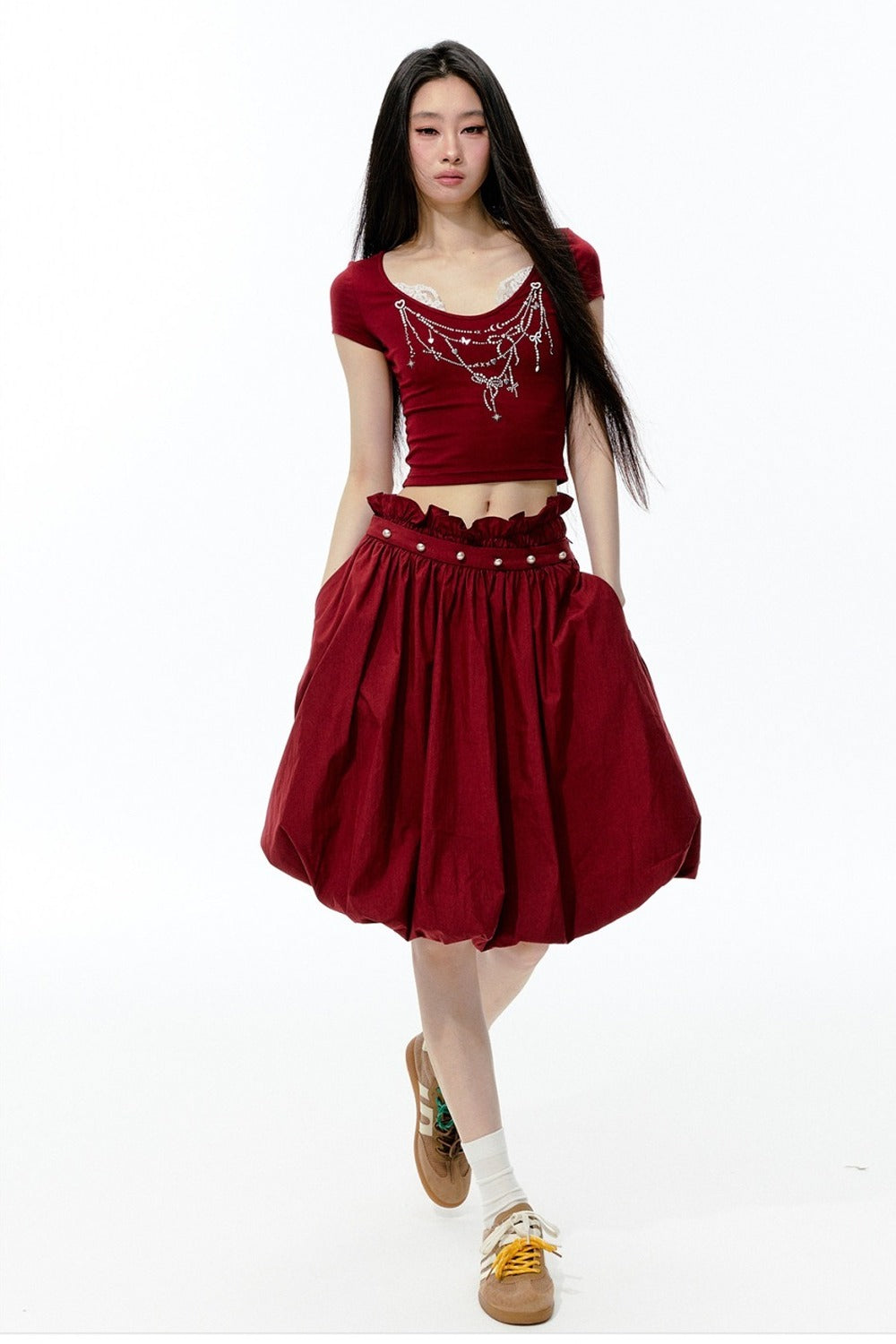 Pearl Rhinestone T-Shirt, Flower Bud Skirt and Pants Set-Up