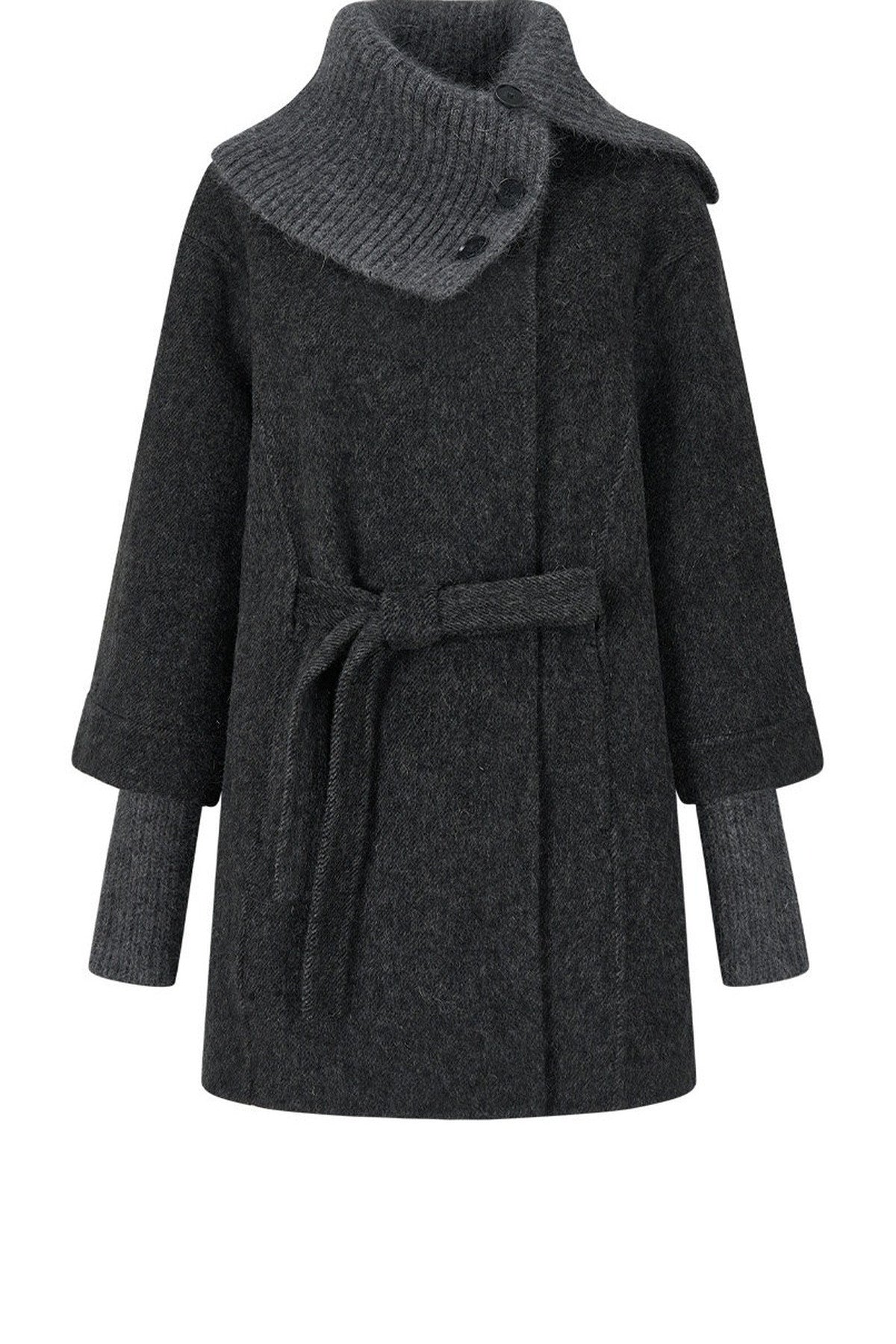 Asymmetrical Knit Collar Tie-Up Wool Coat