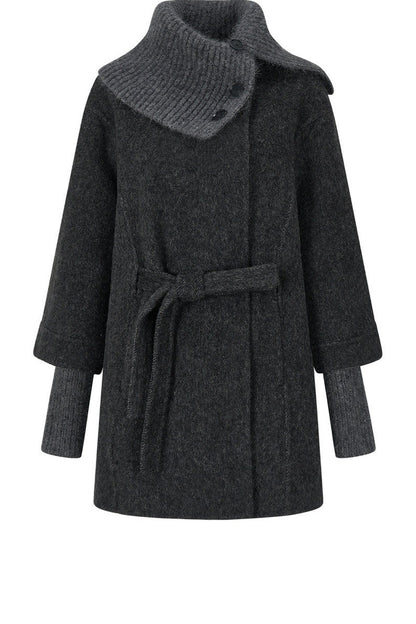 Asymmetrical Knit Collar Tie-Up Wool Coat