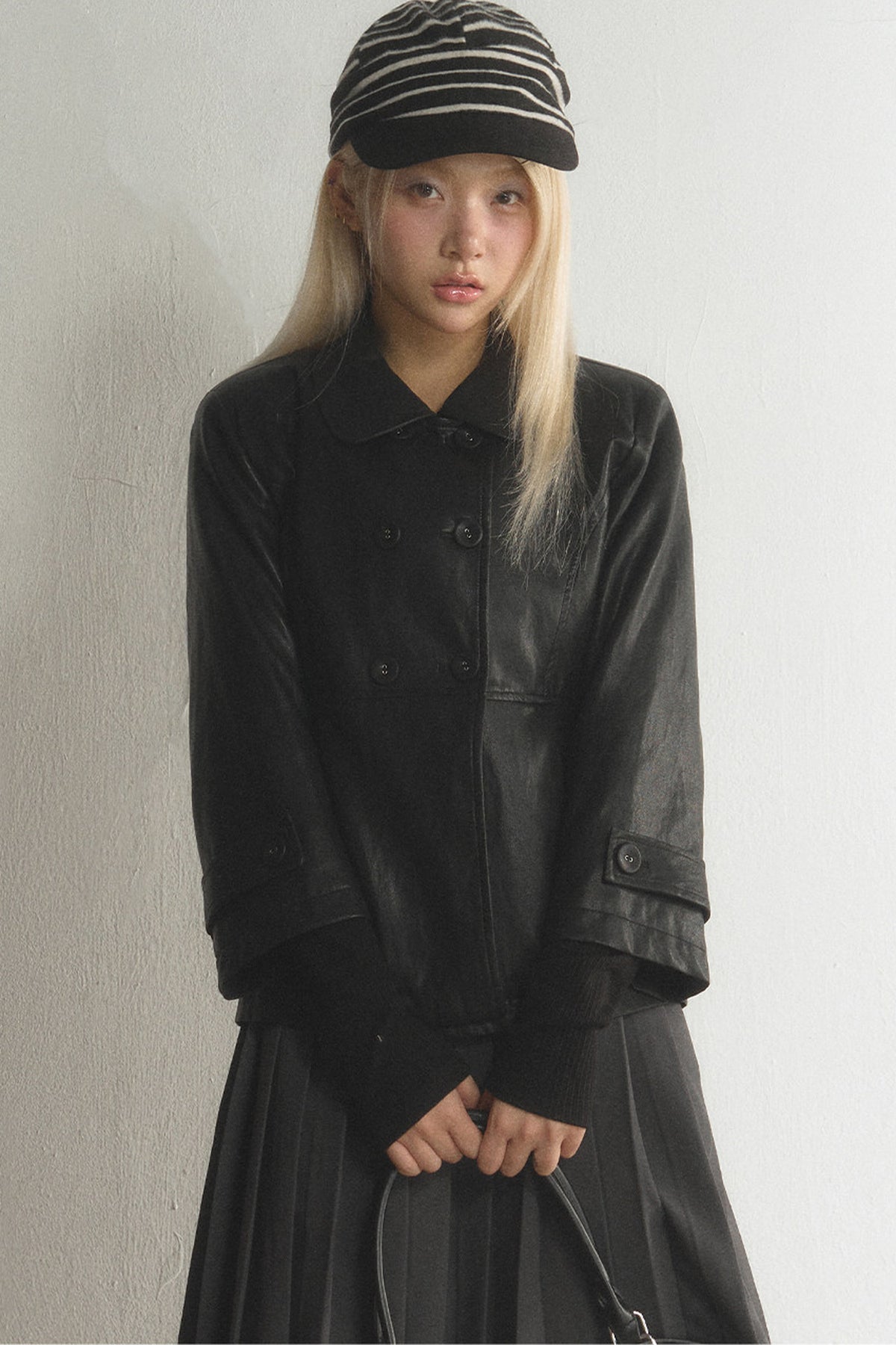 Black Double-Breasted PU Leather Top and Skirt Set-Up