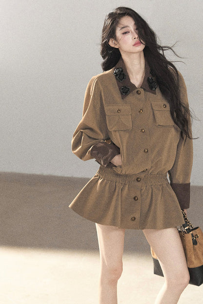 Set aus 3D-Blumen-PU-Jacke und Shorts