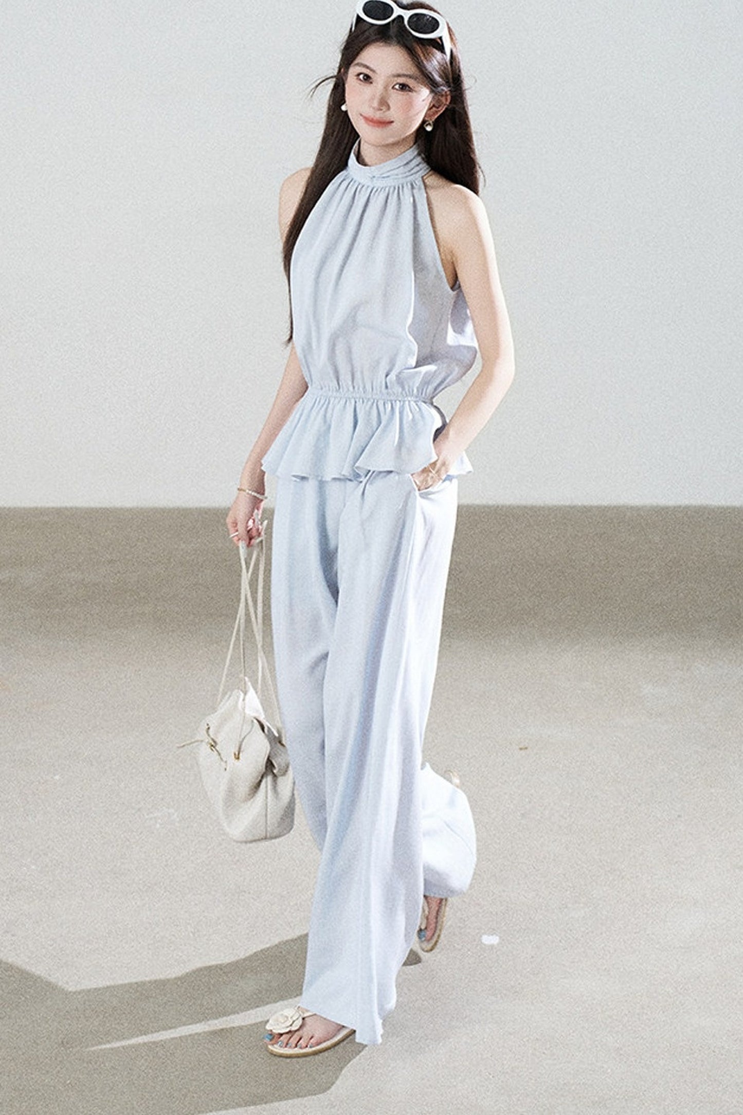 Blue Tencel Halter Shirt and Wide-Leg Pants Set