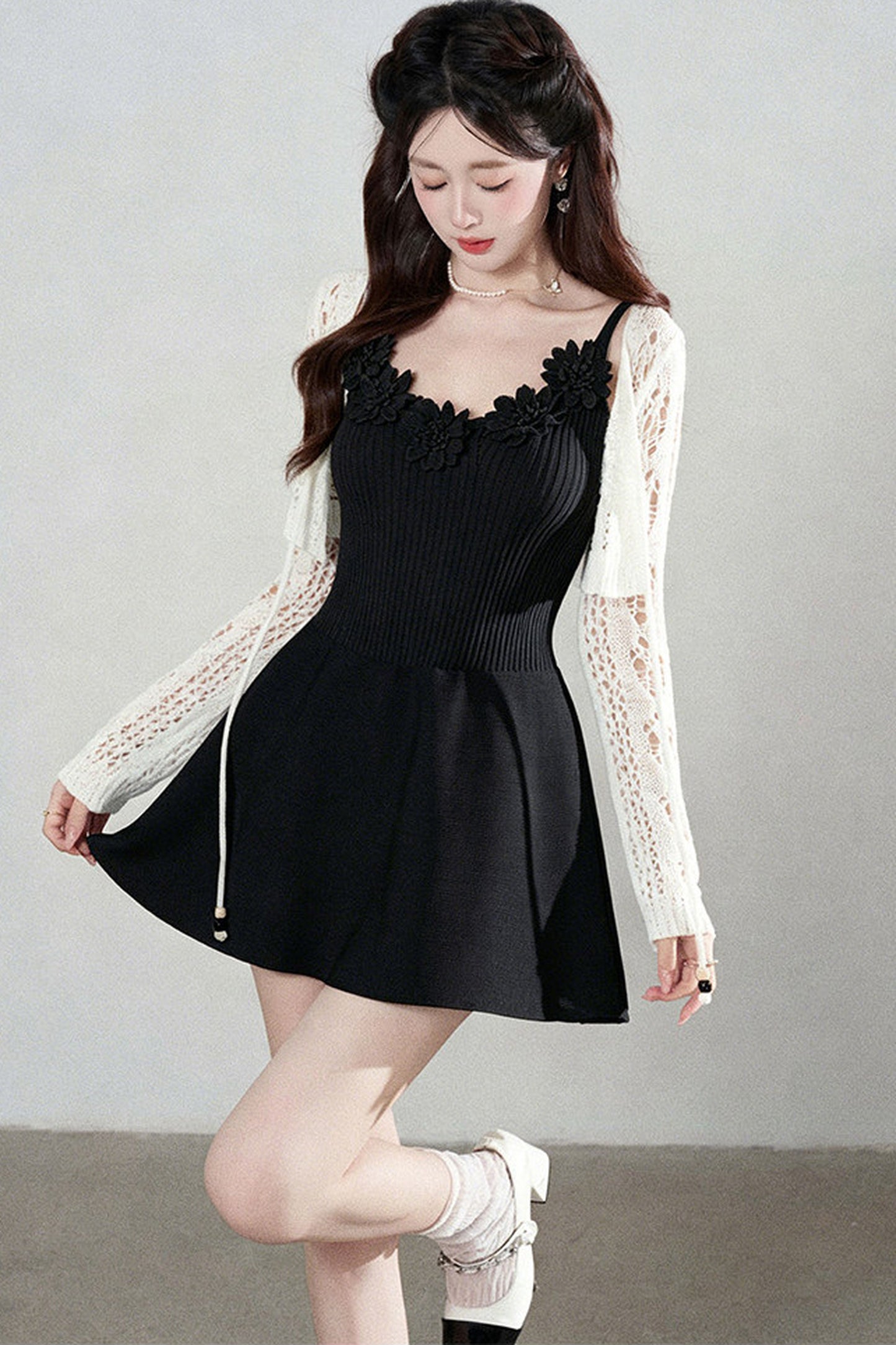 Spaghetti Strap Knitted Dress With Cardigan Set-Up