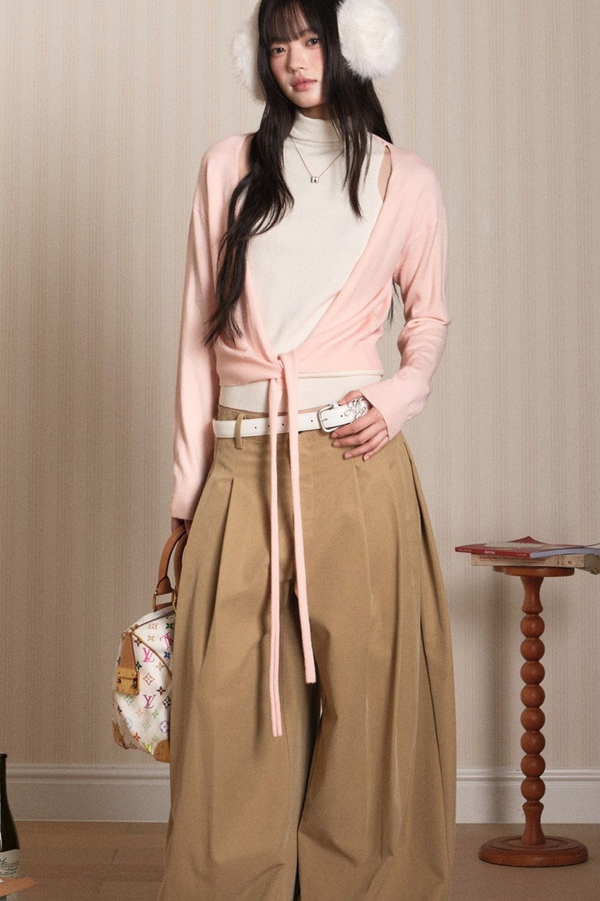 Layered High-Neck Vest and Tie-Up Cardigan Set-Up