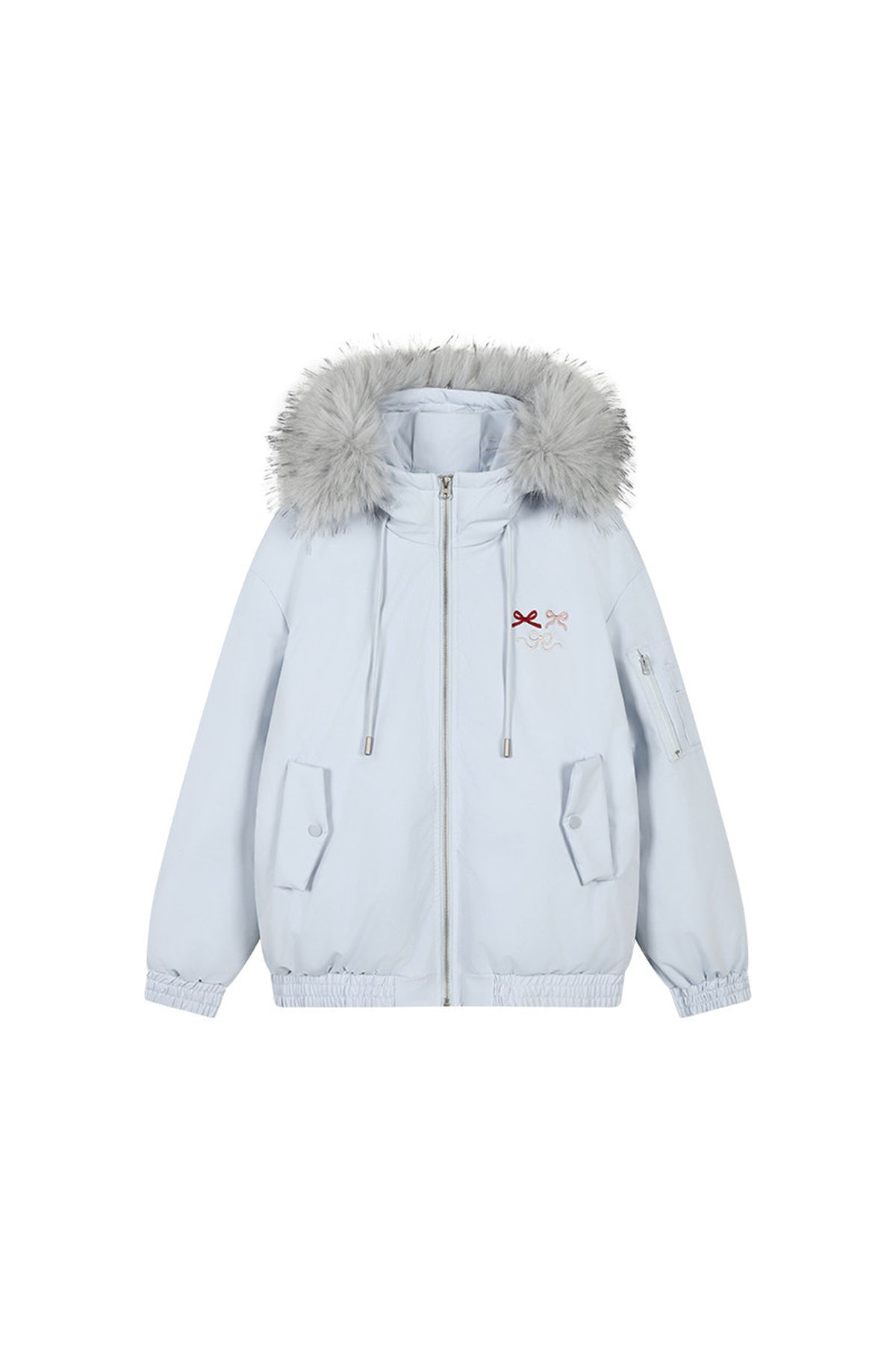 Embroidered Bow Fur Hood Down Jacket