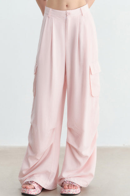 Pink High-Waisted Wide-Leg Cargo Pants
