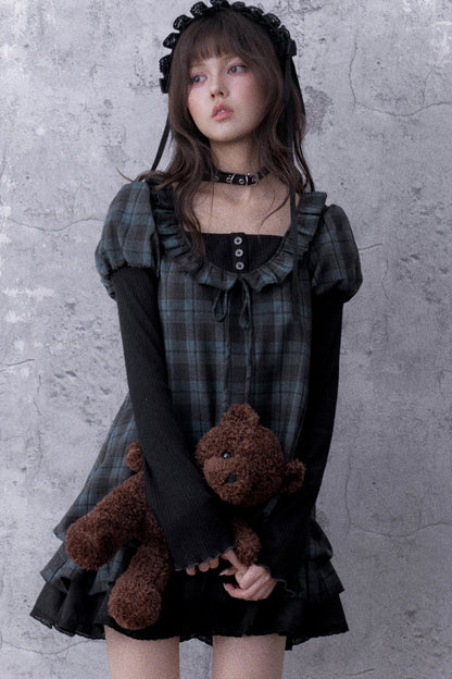 Robe babydoll à carreaux bleu et noir