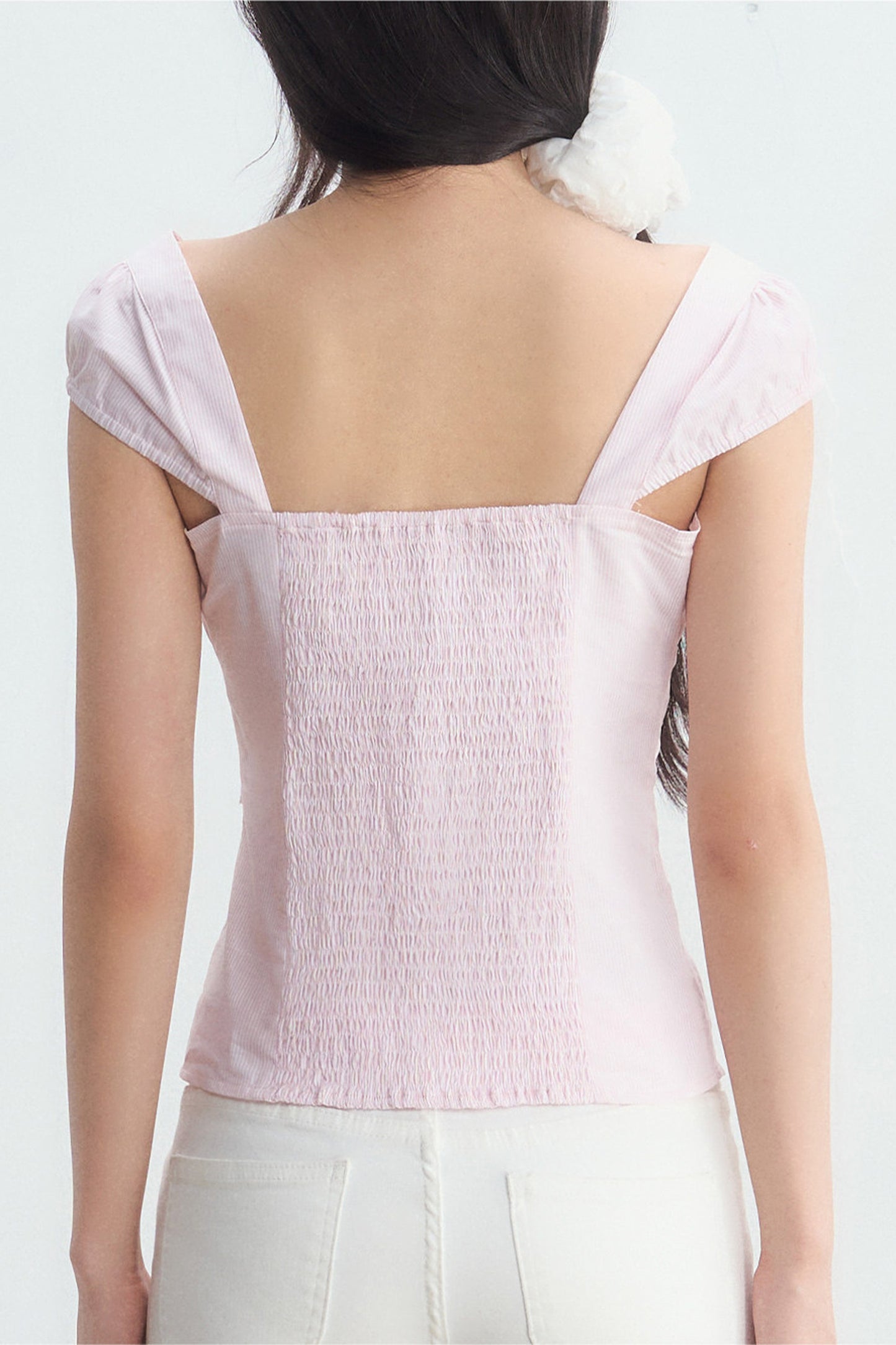 Pink Pleated Square-Neck Shirt and White Pants Set