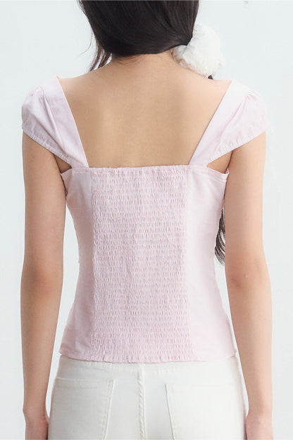 Pink Pleated Square-Neck Shirt and White Pants Set