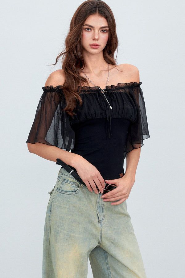 Gauze Patchwork Ruffle Top