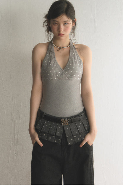 Polka Dot Knit Vest, Halter Top and Pants Set-Up
