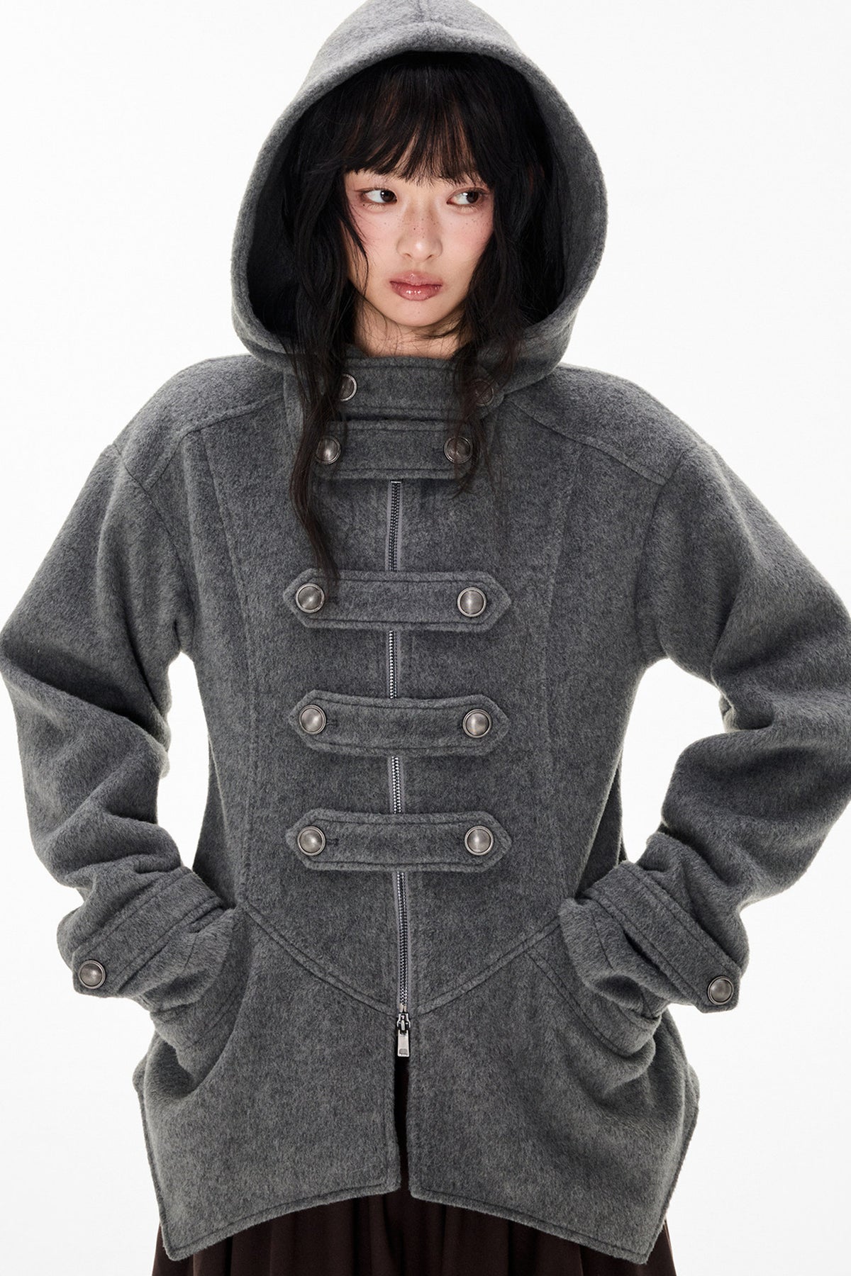 Woolen Hooded Irregular Hem Jacket