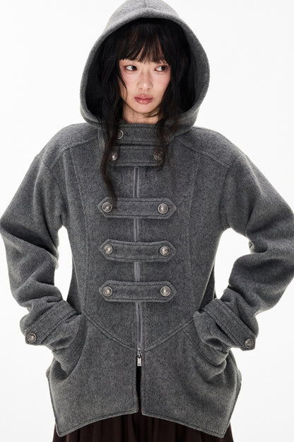 Woolen Hooded Irregular Hem Jacket