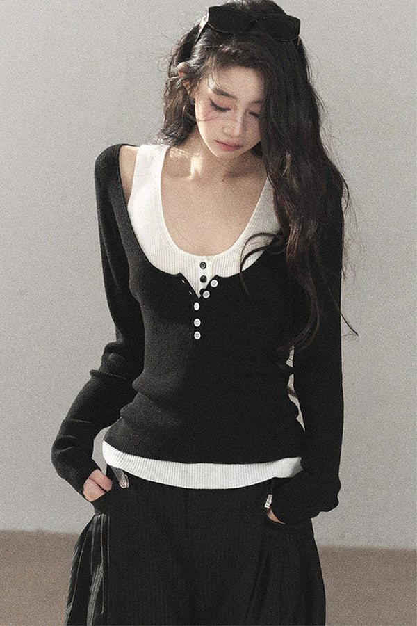 Layered-Look U-Neck Knit T-Shirt
