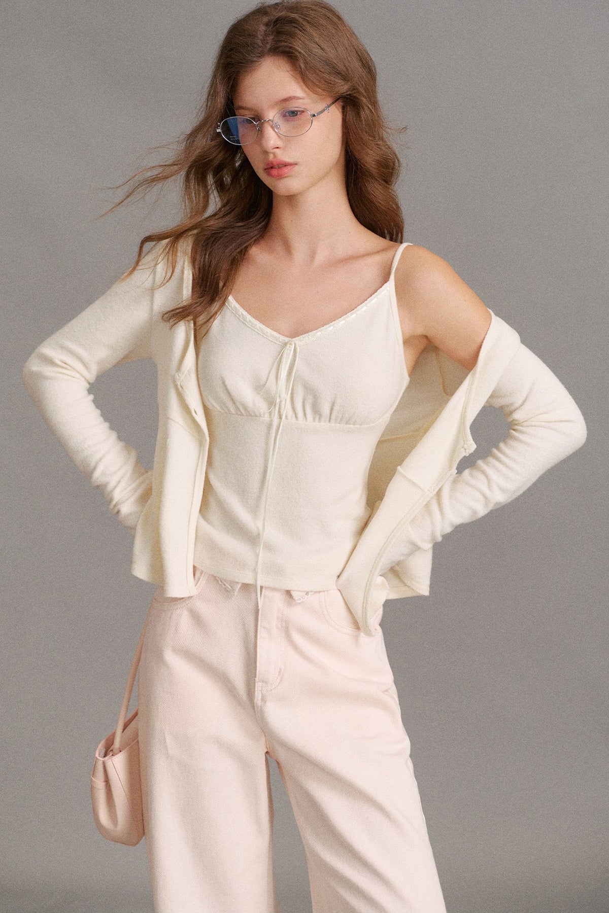 Lace-Up V-Neck Cardigan and Ruffle Hem Vest Set
