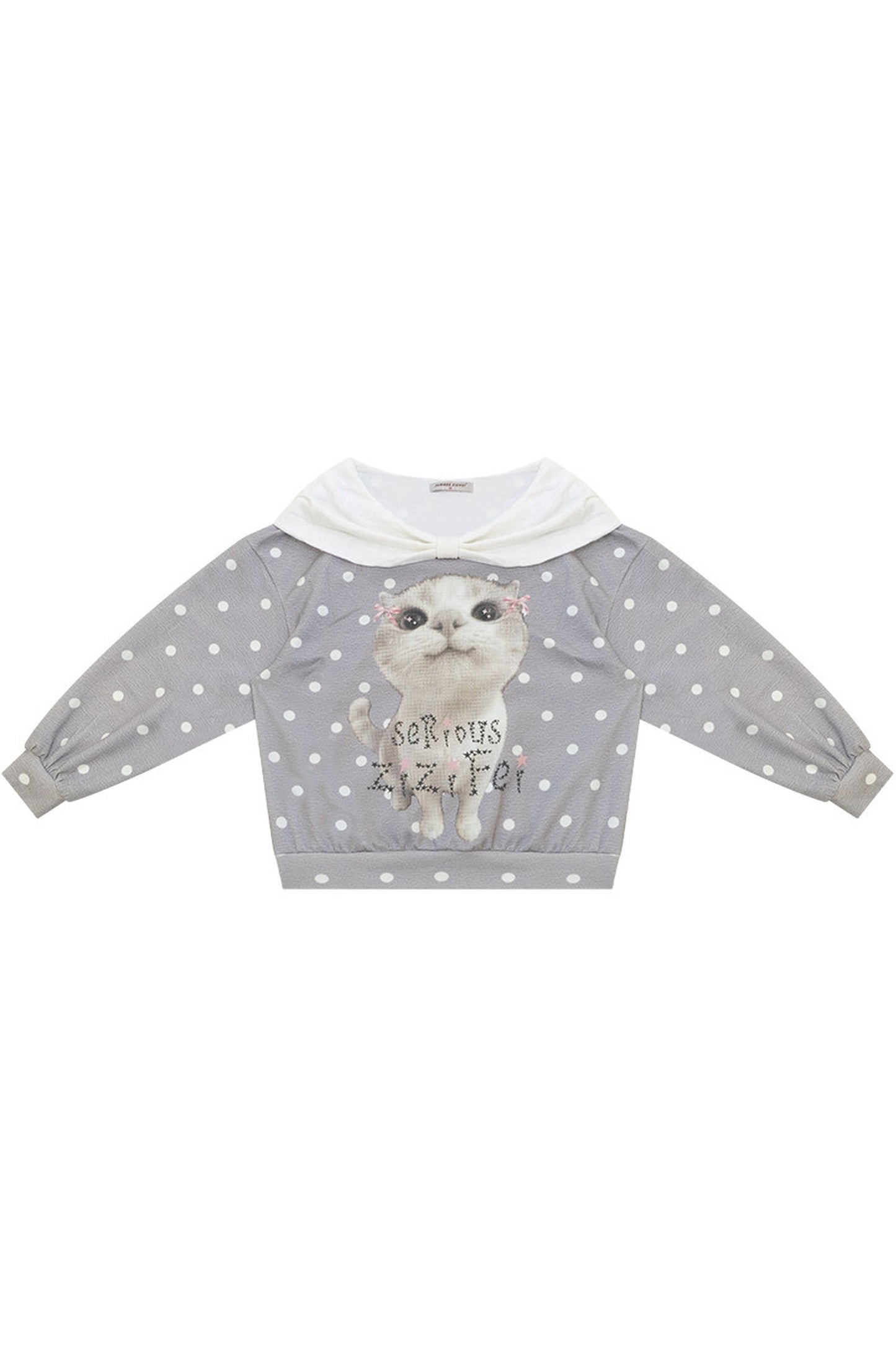 Sudadera gris con estampado de gato y lunares