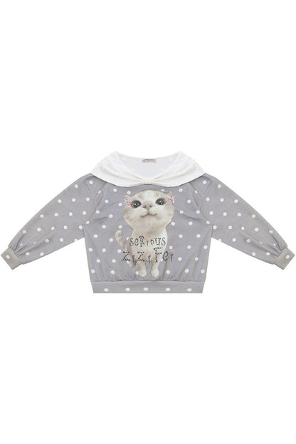 Sudadera gris con estampado de gato y lunares