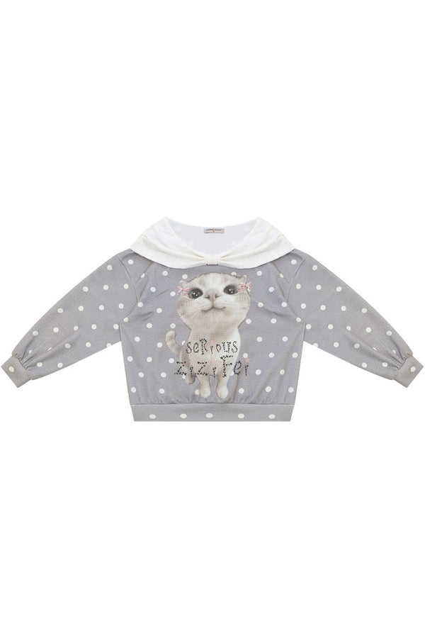 Sudadera gris con estampado de gato y lunares